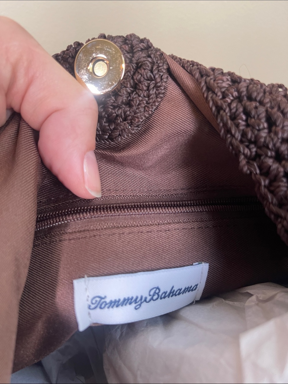 Tommy Bahama Dark Brown Crochet Shoulder Bag with Beaded accent charm - Picture 9 of 9